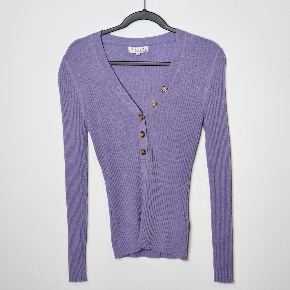 Derek Lam Collective Ribbed‎ Wool Blend Button Front Top Long Sleeve Purple XL